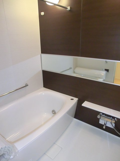 濃色のパネルがシックなバスルーム