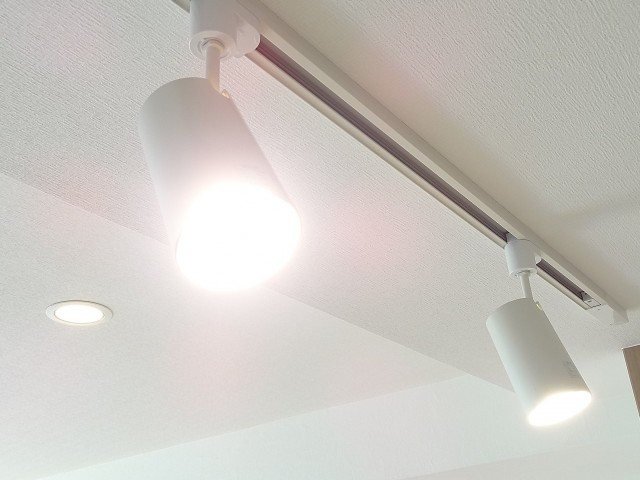 キッチン上のライティングレールとスポットライト