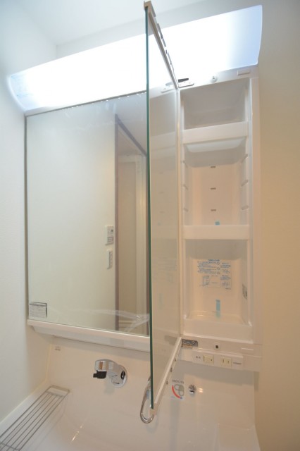 鏡の裏に小物がしまえます。