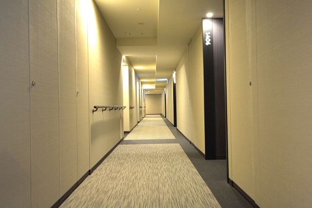 ホテルライクな絨毯敷きの内廊下。