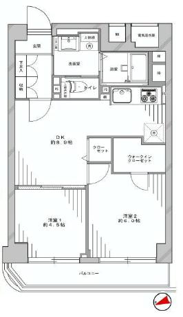 日商岩井第2玉川台マンション　2DK+WIC　間取り